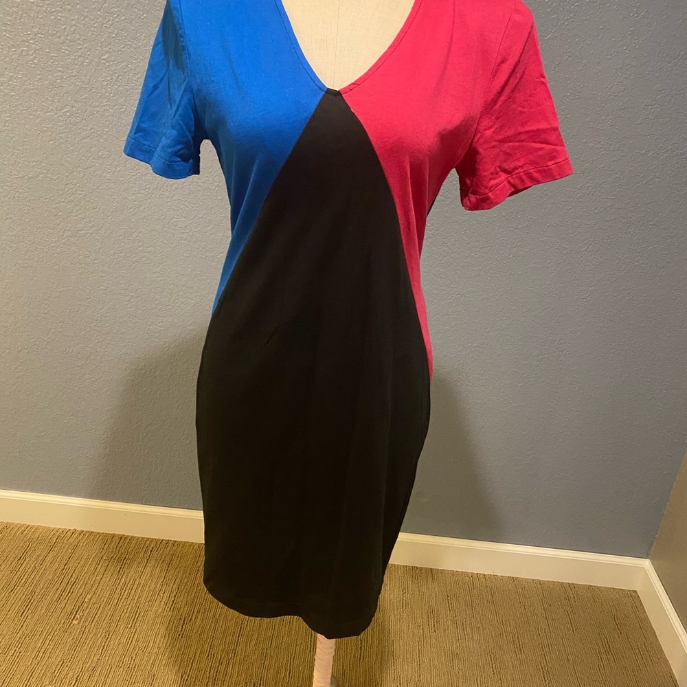 Colorblock V-Neck Dress - Blue, Pink, and Black